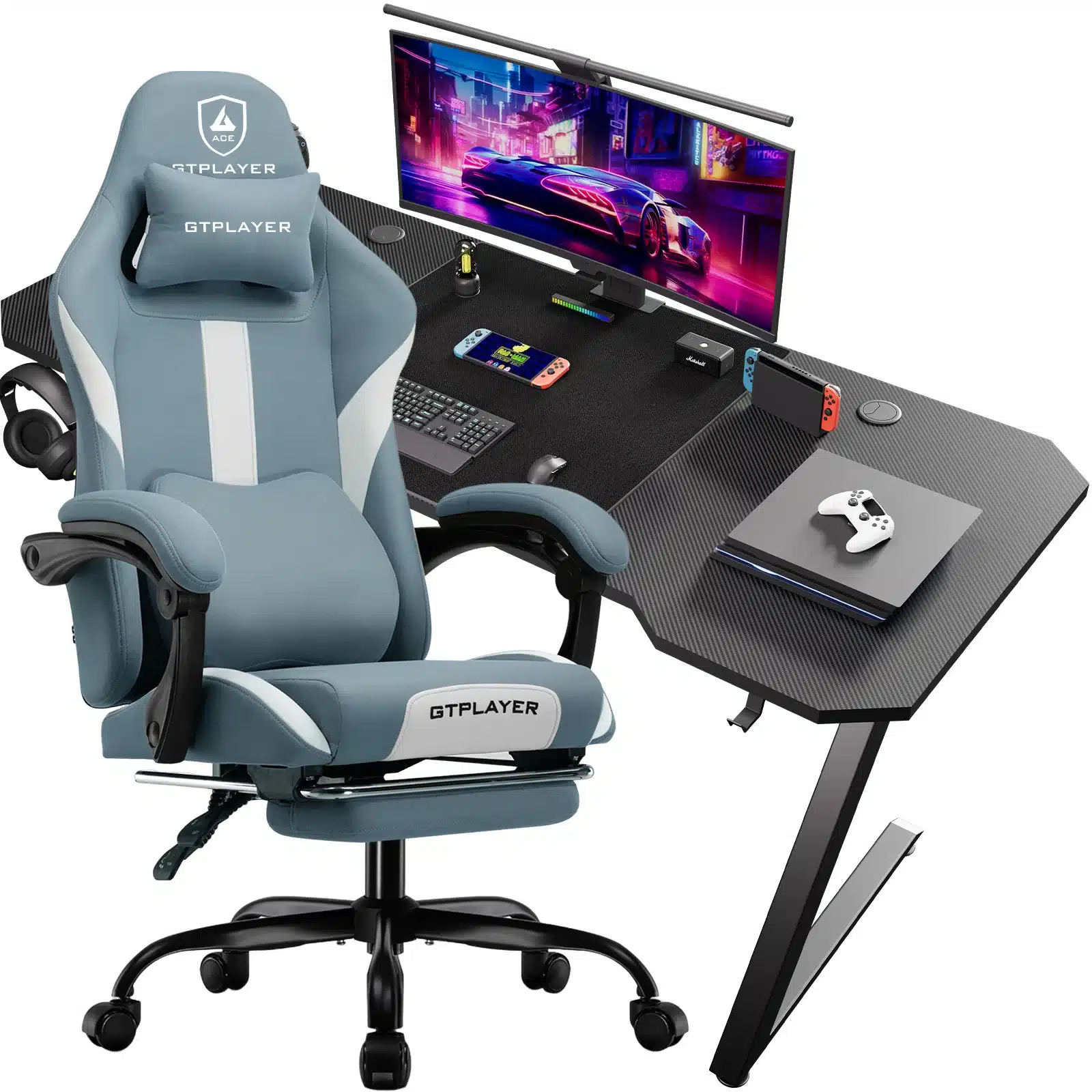 Arvutilaud ja tool komplektina, ergonoomilise disainiga. Musta värvi, modernse välimusega arvutilaud, millel on mängukonsoolid, klaviatuur ja monitor vilkuva pildiga. Kõrval sinakashall ergonoomiline tool, millel on reguleeritavad käetoed ja pehme seljatugi. Disainitud kontorivõi mänguruumi jaoks.