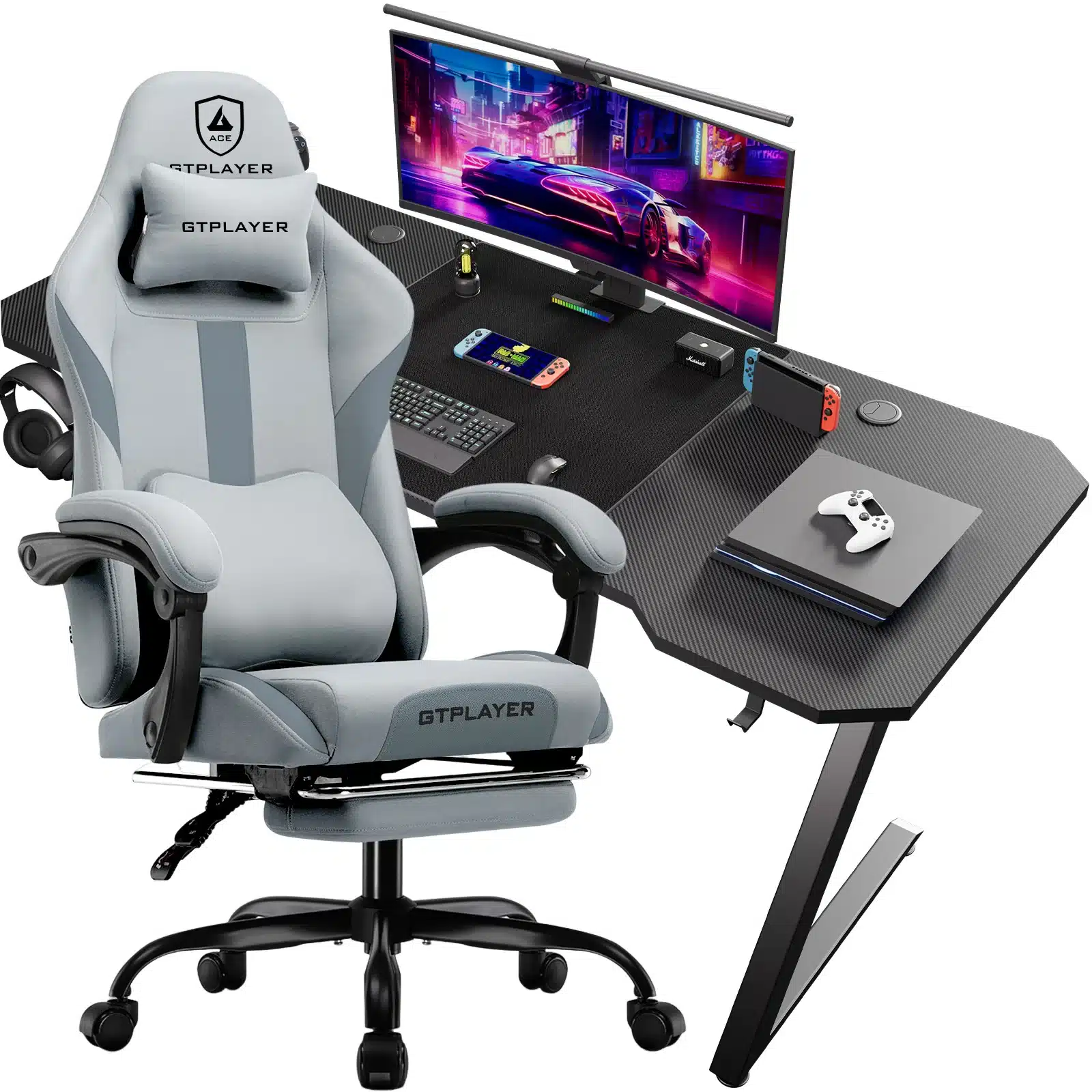Modernne, ergonoomilise disainiga arvutilaud ja tool komplektina mustas ja hallis värvitoonis, millel on sülearvuti, mängukonsool ja mängupult. Taustal on särav, futuristlik ekraan.