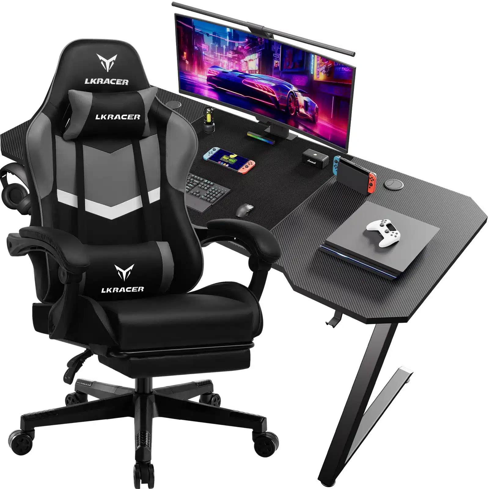 Stiilne ja ergonoomiline arvutilaud ja tool komplektina, mustast materjalist. Komplektil on moodne disain, mugav tool koos ratastega, laual suur monitor, mängukonsool ja klaviatuur.