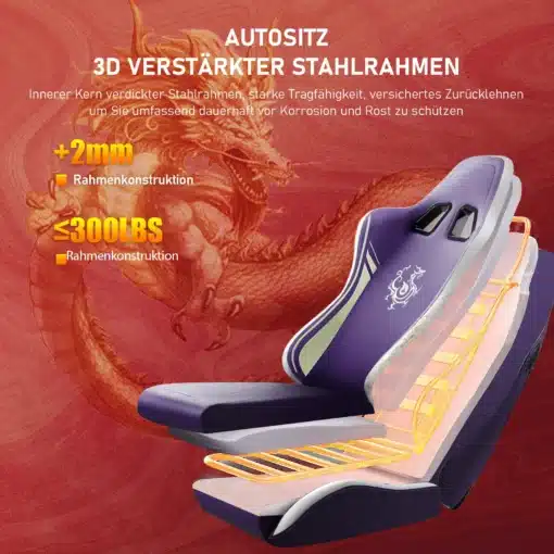 Arvutitool bluetooth kõlarite ja jalatoega ergonoomiline | E-pood Tootemaailm Purpurne arvutitool integreeritud bluetooth kõlarite ja jalatoega, millel on tugevdatud terasraami konstruktsioon ja komplektis draakonimustriga puutetundlik materjal roosakal taustal.