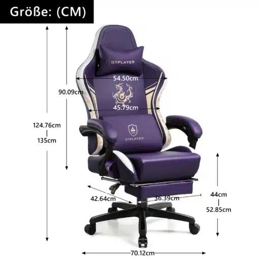 Arvutitool bluetooth kõlarite ja jalatoega ergonoomiline | E-pood Tootemaailm Ergonoomiline arvutitool, millel on sisseehitatud bluetooth kõlarid ja jalatugi, on lilla ja musta värviga ning mõõdetud peatoe, seljatoe ja istme laiuse ning kõrguse järgi. Toolil on rattad ja reguleeritavad käetoed.