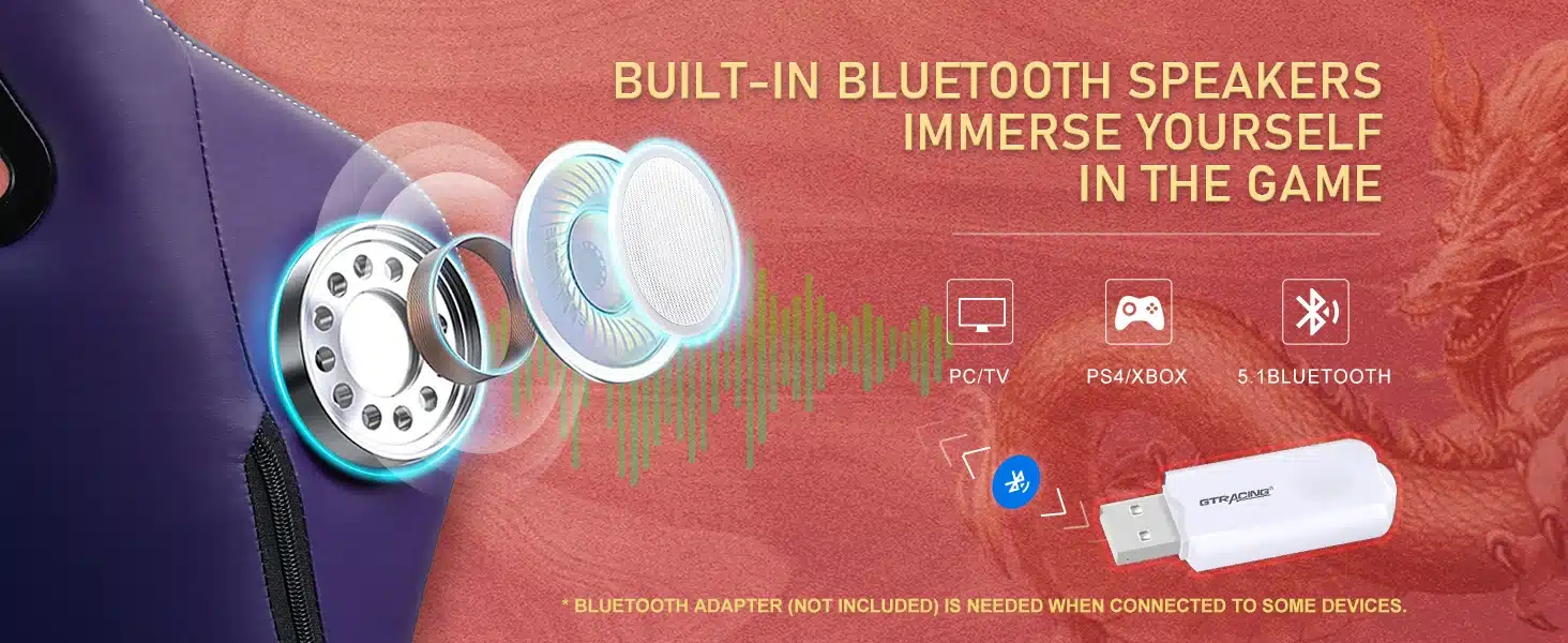 Ergonoomiline arvutitool sinise nahkviimistlusega, millel on sisseehitatud bluetooth kõlarid ja eemaldatav jalatugi. Taustal on mängulik sisu, mis viitab laiale seadmetoele, sealhulgas PC/TV, PS4/XBOX ja 5.1 bluetooth ühendus.