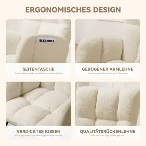 Kiiktool pehme plüüsist käetugedega kuni 150 kg, rõhuasetusega ergonoomilistele omadustele. Näitab taskuid, kumerat käetuge, paksendatud patja ja kvaliteetset seljatuge heledas ruumis.