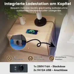 Metallist voodiraam LED valgustusega ja pistikutega 140x200, millel on öökapi juures integreeritud laadimisjaam. Näha on valge voodipesuga kaetud voodi, öökapil on lamp ja laetud telefon. Kahvatu puidust põrandal ja seina taustal roheline taim.