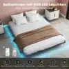 Metallist voodiraam LED valgustusega ja pistikutega 140x200 | E-pood Tootemaailm Stiilne metallist voodiraam mõõtmetega 140x200, varustatud kaasaegse LED valgustusega ja integreeritud pistikutega. Raam on kaetud peene voodipesuga, taustal šikk magamistoa interjöör.