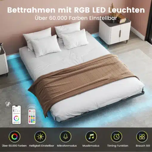 Metallist voodiraam LED valgustusega ja pistikutega 140x200 | E-pood Tootemaailm Stiilne metallist voodiraam mõõtmetega 140x200, varustatud kaasaegse LED valgustusega ja integreeritud pistikutega. Raam on kaetud peene voodipesuga, taustal šikk magamistoa interjöör.