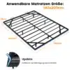 Metallist voodiraam LED valgustusega ja pistikutega 140x200 | E-pood Tootemaailm Metallist voodiraam suurusega 140x200, musta värvi ja LED valgustusega, millel on pistikute kinnitused, horisontaalselt näidatud valgel taustal koos mõõtmete märgetega.