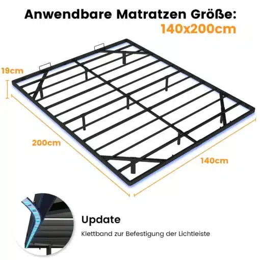 Metallist voodiraam LED valgustusega ja pistikutega 140x200 | E-pood Tootemaailm Metallist voodiraam suurusega 140x200, musta värvi ja LED valgustusega, millel on pistikute kinnitused, horisontaalselt näidatud valgel taustal koos mõõtmete märgetega.