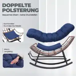 Kiiktool paksu istmepadjaga, sobilik sise- ja välistingimustesse. Toolil on sinine, tihedalt polsterdatud iste ja modernsete kaartega raam, mis tagab stabiilsuse nii siseruumis kui aias.
