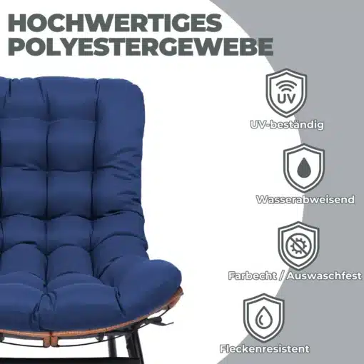 Kiiktool paksu istmepadjaga sise- ja välistingimustesse | E-pood Tootemaailm Sinine kiiktool paksu istmepadjaga, mis on valmistatud kvaliteetsest polüestrist, seistes siseruumis halli tausta ees. Tekst ja ikoonid rõhutavad UV-kiirguse, vee ja määrdumise vastupidavust.