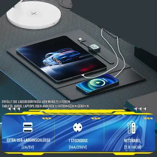 Soodne arvutilaud L-kujuline riiuliga ja USB laadimispesaga | E-pood Tootemaailm Soodne arvutilaud L-kujuline riiuliga ja USB laadimispesaga, millel on hallitud pind ja integreeritud juhtmetega sülearvuti, nutitelefon ja nutikell laadimas.
