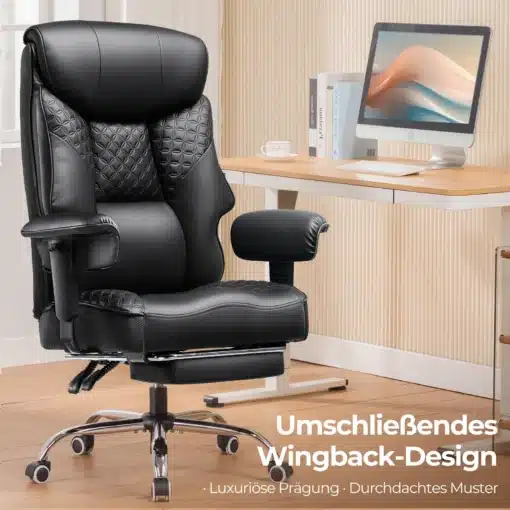 Vastupidav arvutitool ergonoomiline, reguleeritav jalatugi | E-pood Tootemaailm Elegantne must vastupidav arvutitool ergonoomiline, reguleeritav jalatugi kontorilaua kõrval heledas toas. Toolil on luksuslik disain siledast nahast materjaliga ja muster seljatoel.