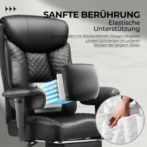 Vastupidav arvutitool ergonoomiline, reguleeritav jalatugi | E-pood Tootemaailm Must ergonoomiline arvutitool, millel on reguleeritav pehme seljatoe ja jalatuge omadus. Tool on valmistatud nahast, mustriga padjad ja jalatugi on sära tundega. Lisana pakub see pehmet toetavat funktsiooni, tagades pikaajalise istumismugavuse.