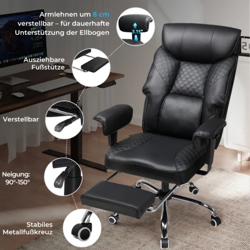 Vastupidav arvutitool ergonoomiline, reguleeritav jalatugi | E-pood Tootemaailm Vastupidav must nahast arvutitool, millel on ergonoomiline disain ja reguleeritav jalatugi. Nähtavad reguleeritavad käetoed ja metallist rattad, mugav kodukontori keskkonna jaoks.