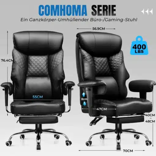 Vastupidav arvutitool ergonoomiline, reguleeritav jalatugi | E-pood Tootemaailm Kaks musta nahaga kaetud kontoritooli, millel on reguleeritav jalatugi ja ergonoomiline disain. Mõõtmed on esile toodud, rõhutades tooli vastupidavust ja kohandatavust.