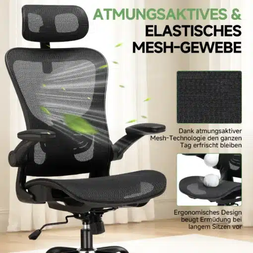 Kontoritool ergonoomiline võrkpehmendus reguleeritava peatoega | E-pood Tootemaailm Kontoritool ergonoomiline võrkpehmendus reguleeritava peatoega, mustast õhku läbilaskvast materjalist. Tool seisab heleda tausta ees, rõhutades selle klanitud ja kaasaegset disaini.