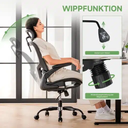 Kontoritool ergonoomiline võrkpehmendus reguleeritava peatoega | E-pood Tootemaailm Naine istub päikeselises ruumis kontoritoolil, millel on ergonoomiline võrkpehmendus ja reguleeritav peatoe funktsioon. Tool on must ja kontrastib heleda, avara taustaga. Külgvaade näitab kallutusfunktsiooni juhtimishoova asukohta ja mehhanismi detaile.