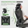 Kontoritool ergonoomiline võrkpehmendus reguleeritava peatoega | E-pood Tootemaailm Eestvaade, ergonoomiline kontoritool musta värvi võrkpehmendusega ja reguleeritava peatoega, asetatud heledale taustale. Toolil istub inimene, illustreerides tooli ergonoomiliste omaduste mõju kehahoiakule. Lisatud graafika näitab 45-kraadist peatoe jaotust ja seljatuge.