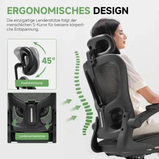 Kontoritool ergonoomiline võrkpehmendus reguleeritava peatoega | E-pood Tootemaailm Eestvaade, ergonoomiline kontoritool musta värvi võrkpehmendusega ja reguleeritava peatoega, asetatud heledale taustale. Toolil istub inimene, illustreerides tooli ergonoomiliste omaduste mõju kehahoiakule. Lisatud graafika näitab 45-kraadist peatoe jaotust ja seljatuge.