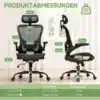 Kontoritool ergonoomiline võrkpehmendus reguleeritava peatoega | E-pood Tootemaailm Kontoritool ergonoomiline võrkpehmendus reguleeritava peatoega, musta värvi, käsitugede ja ratastega alusel, esitatud valge kardina taustal koos mõõtudega.
