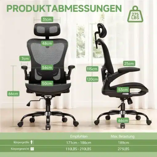 Kontoritool ergonoomiline võrkpehmendus reguleeritava peatoega | E-pood Tootemaailm Kontoritool ergonoomiline võrkpehmendus reguleeritava peatoega, musta värvi, käsitugede ja ratastega alusel, esitatud valge kardina taustal koos mõõtudega.