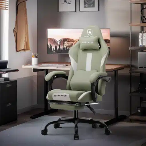 Ergonoomiline arvutitool hingav kangas reguleeritav | E-pood Tootemaailm Ergonoomiline arvutitool hingav kangas reguleeritav, rohelise ja valge värvikombinatsiooniga, mugavalt paigutatud kaasaegsesse kontoriruumi, taustal arvutilaud ja riiul.