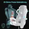 Ergonoomiline kontoritool reguleeritava peatoega, millel on valge polster ja tugevad käetoed, mustal taustal. Pilt illustreerib tooli seljatoe 3D-steereo-toetust selgroole, rõhutades istumise mugavust.