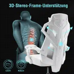 Ergonoomiline kontoritool reguleeritava peatoega, millel on valge polster ja tugevad käetoed, mustal taustal. Pilt illustreerib tooli seljatoe 3D-steereo-toetust selgroole, rõhutades istumise mugavust.
