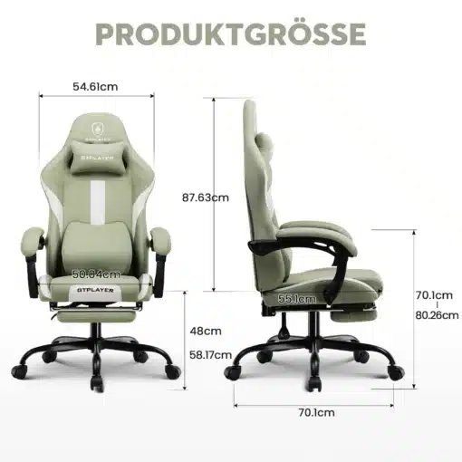 Ergonoomiline arvutitool hingav kangas reguleeritav | E-pood Tootemaailm Roheline ergonoomiline arvutitool hingavast kangast, reguleeritav, mõõtmetega 54.6cm laius, 87.63cm kõrgus, nähtav ees- ja külgvaates valgel taustal.