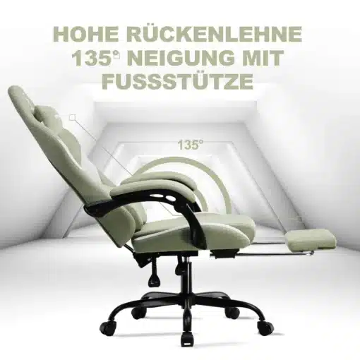 Ergonoomiline arvutitool hingav kangas reguleeritav | E-pood Tootemaailm Ergonoomiline arvutitool, hingava kangaga ja reguleeritava seljatoe ning jalatoega, paigutatud helehallil taustal, näidatud kallakul 135 kraadi juures.