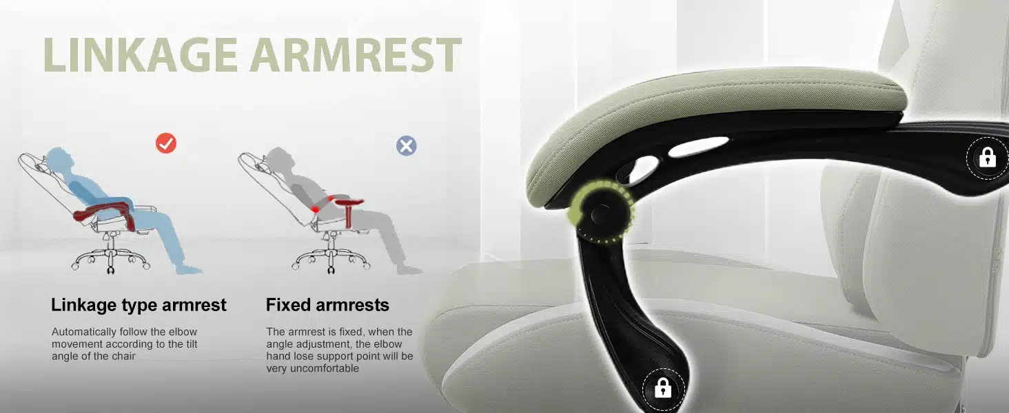 Ergonoomiline arvutitool hingav kangas reguleeritav, mille peamisteks omadusteks on liikuvad käetoed, mille kalle järgib tooli seljatoe nurka. Pildil on näha ka käetugede paindlik ja mugav disain heledas kontorikeskkonnas.