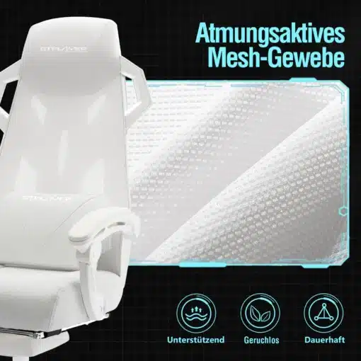 Ergonoomiline kontoritool reguleeritava peatoega | E-pood Tootemaailm Valge ergonoomiline kontoritool reguleeritava peatoega, mustal taustal, millel on esile toodud hingavast võrgust kangamaterjal.