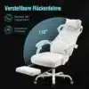 Valge ergonoomiline kontoritool reguleeritava peatoega, mis on poollamavas asendis 140° kalde all. Toolil on mugavad käetoed ja eemaldatav jalatugi. Tumedal taustal kuvatud visuaalid näitavad toote omadusi.
