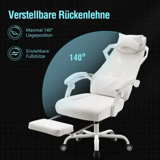 Ergonoomiline kontoritool reguleeritava peatoega | E-pood Tootemaailm Valge ergonoomiline kontoritool reguleeritava peatoega, mis on poollamavas asendis 140° kalde all. Toolil on mugavad käetoed ja eemaldatav jalatugi. Tumedal taustal kuvatud visuaalid näitavad toote omadusi.
