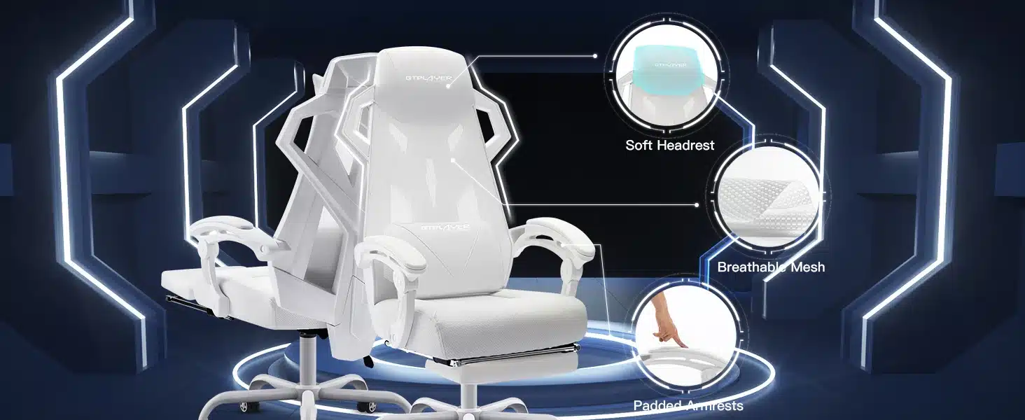 Valge ergonoomiline kontoritool reguleeritava peatoega ja polsterdatud käetugedega futuristlikul mustal taustal. Toolil on hingav võrgumaterjal, mis tagab mugavuse pikal tööpäeval.