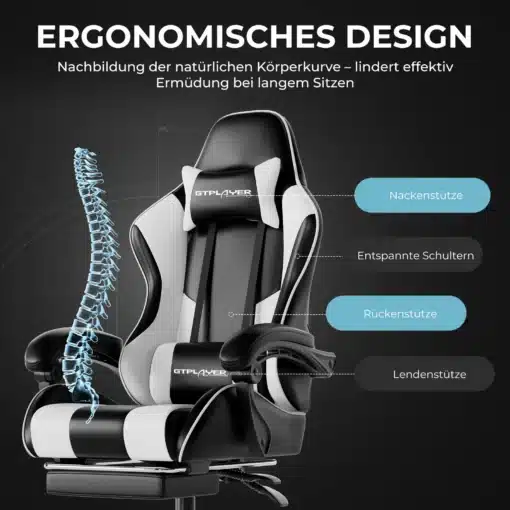 Arvutitool jalatoe ja massaažifunktsiooniga must | E-pood Tootemaailm Arvutitool jalatoe ja massaažifunktsiooniga must, mis on ergonoomilise disainiga, musta ja valge nahaga kaetud istumisosa ja seljatoega, millel on erinevad toetavad polsterdused ning esitatud stiliseeritud selgroo mudel.