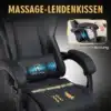 Soodne ergonoomiline kontoritool massaažiga kuni 150 kg | E-pood Tootemaailm Arvutitool massaažifunktsiooni ja nimmetoega, reguleeritav, musta värvi kunstnahast, mugava ergonoomilise disainiga. Nähtaval on massaaži indikaatorid tooli seljatoel ja istmel, taustaks hele hall värv.
