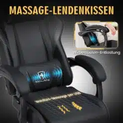 Arvutitool massaažifunktsiooni ja nimmetoega, reguleeritav, musta värvi kunstnahast, mugava ergonoomilise disainiga. Nähtaval on massaaži indikaatorid tooli seljatoel ja istmel, taustaks hele hall värv.
