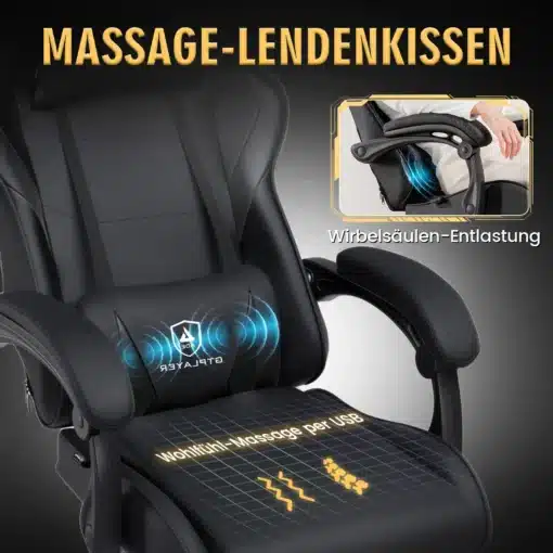 Soodne ergonoomiline kontoritool massaažiga kuni 150 kg | E-pood Tootemaailm Arvutitool massaažifunktsiooni ja nimmetoega, reguleeritav, musta värvi kunstnahast, mugava ergonoomilise disainiga. Nähtaval on massaaži indikaatorid tooli seljatoel ja istmel, taustaks hele hall värv.