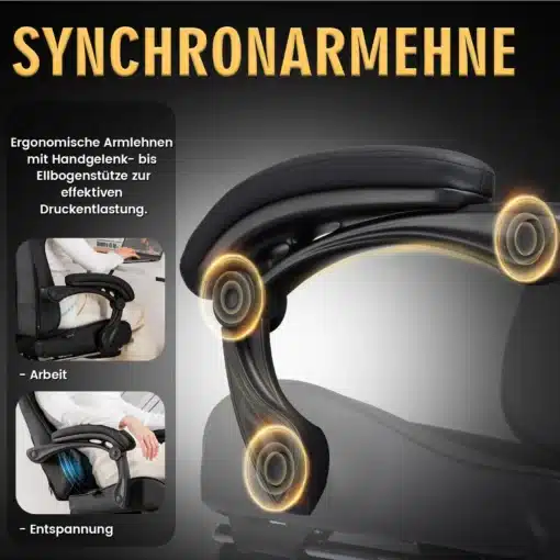 Soodne ergonoomiline kontoritool massaažiga kuni 150 kg | E-pood Tootemaailm Ergonoomiline Arvutitool massaažifunktsiooni ja nimmetoega, reguleeritav, millel on mustad polsterdatud käetoed rõhutades nende tõhusat survet vähendavat konstruktsiooni.