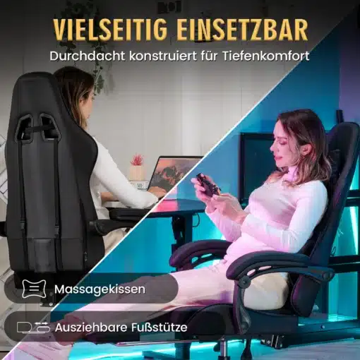 Soodne ergonoomiline kontoritool massaažiga kuni 150 kg | E-pood Tootemaailm Arvutitool massaažifunktsiooni ja nimmetoega, reguleeritav. Esiplaanil on naine toolil, mis on musta värvi ja nahast, heledas toas. Taustal on roheline taim ja neutraalne sein.