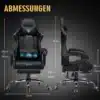 Soodne ergonoomiline kontoritool massaažiga kuni 150 kg | E-pood Tootemaailm Soodne ergonoomiline kontoritool massaažiga, musta nahksarnase kattega, hõbedase metallist jalgadega, mõõtmetega esiküljel ja küljelt, hallil taustal.