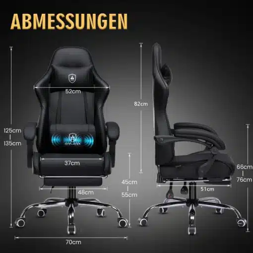 Soodne ergonoomiline kontoritool massaažiga kuni 150 kg | E-pood Tootemaailm Soodne ergonoomiline kontoritool massaažiga, musta nahksarnase kattega, hõbedase metallist jalgadega, mõõtmetega esiküljel ja küljelt, hallil taustal.