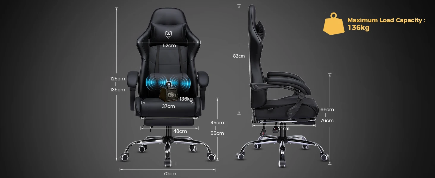 Must ergonoomiline kontoritool massaaži funktsiooniga, kuni 136 kg, metallist jalad, mõõtudega 70cm x 125-135cm, tumedal taustal.