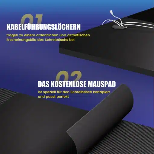 Arvutilaud LED-valgustusega ja karbonviimistlusega 120x60 cm | E-pood Tootemaailm Arvutilaud LED-valgustusega ja karbonviimistlusega 120x60 cm, millel on integreeritud kaablijuhtrennid ja kaasas hiirematt. Valmistatud mustast karbonmaterjalist, matt viimistlus, näha laua pind ja hiirematt.