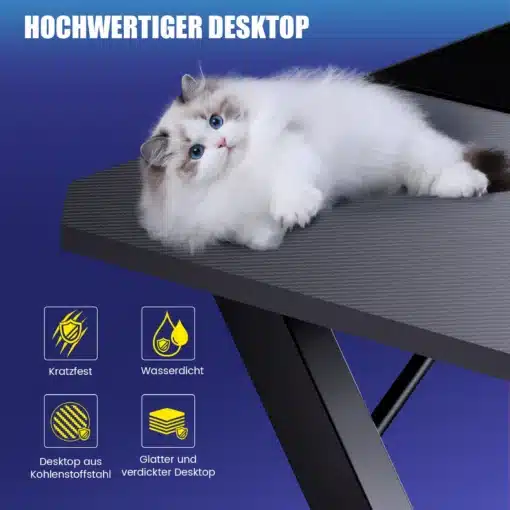 Arvutilaud LED-valgustusega ja karbonviimistlusega 120x60 cm | E-pood Tootemaailm Arvutilaud LED-valgustusega ja karbonviimistlusega 120x60 cm, millel lebab valge ja halli mustriga kass. Laud on tume, mida esiplaanil rõhutab karbonviimistlus, ja selle pealispinda on näha graafiline tekstuuri muster. Taust on sinine, kus on mõned toote omadusi esile tõstvad ikoonid.