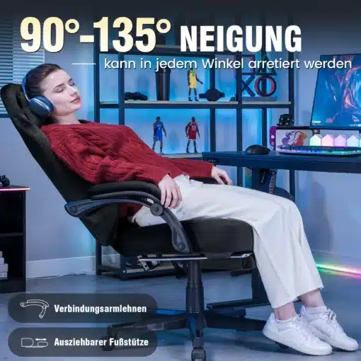 Mänguritool kangast ergonoomiline reguleeritav pöörlev | E-pood Tootemaailm Mänguritool kangast ergonoomiline reguleeritav pöörlev tool, mille seljatugi on kallutatud 90-135 kraadi. Tool on must, asub kaasaegses mängutoa keskkonnas koos arvutiekraani ja mängutarvikutega.