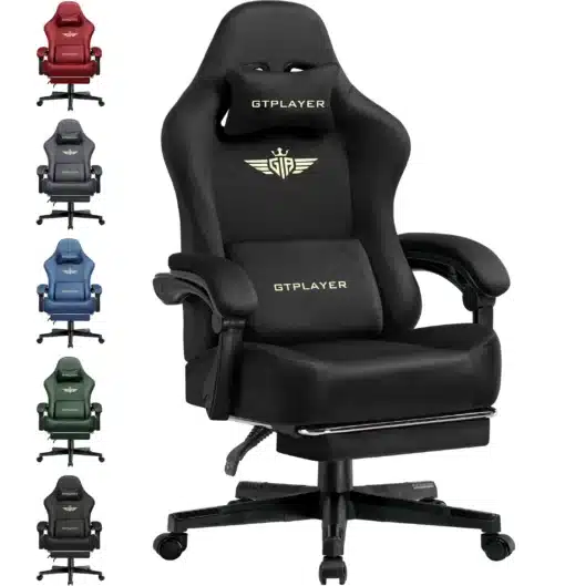Kontoritool ergonoomiline hingav kangas | E-pood Tootemaailm Erinevat värvi GTPLAYER kontoritoolid: must, punane, hall, sinine ja roheline, kõik ergonoomilise disainiga ning hingavast kangast polstriga. Toolide disain on mugav ja toetav, sobib suurepäraselt pikaajaliseks kasutamiseks kontoris.