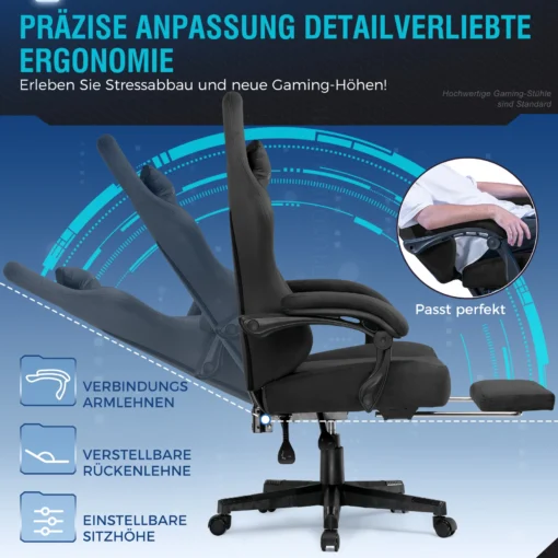 Kontoritool ergonoomiline hingav kangas | E-pood Tootemaailm Kontoritool ergonoomiline hingav kangas, musta värvi, reguleeritavate käetugede ja seljatoega, sobib intensiivseks kasutamiseks kontoris. Tooli taustal on sinine digitaalne graafika, mis rõhutab selle ergonoomilisi omadusi.