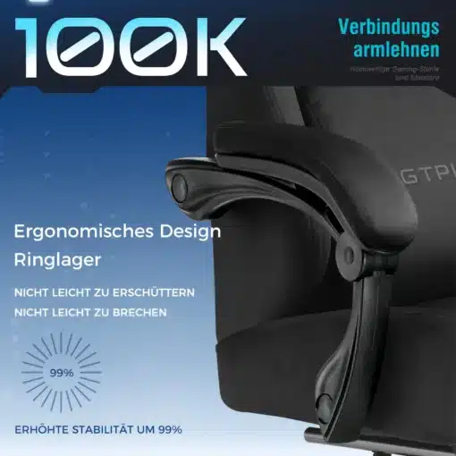 Kontoritool ergonoomiline hingav kangas | E-pood Tootemaailm Kontoritool ergonoomiline hingav kangas musta värvi, näidates tooli käetuge sinise taustal.